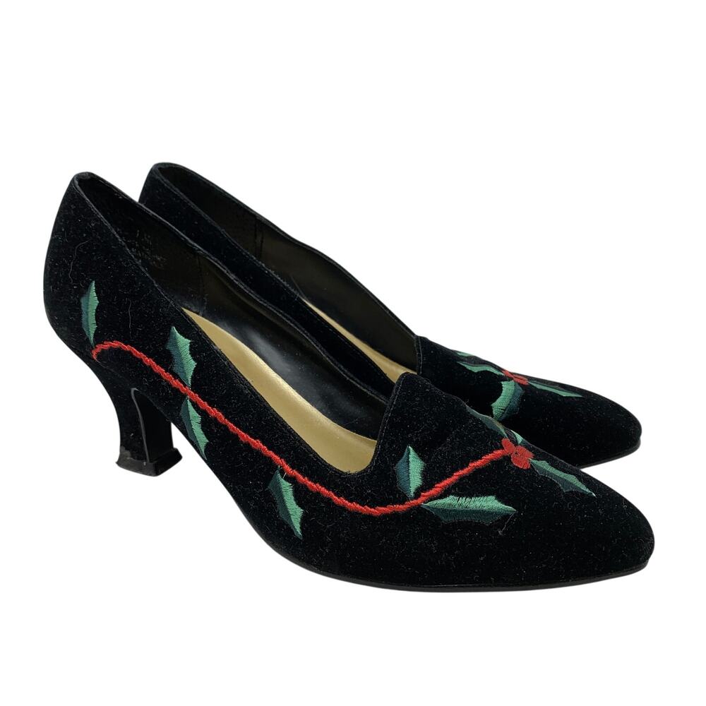 VTG Ellemenno Rudolph Heels Womens 7.5 Black Velvet-Like Holly Berry Embroidery